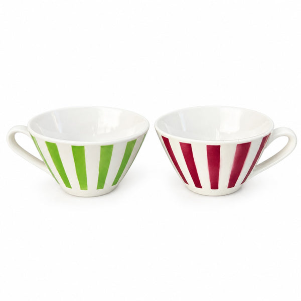 Paire de tasses à café anciennes Fénal Badonviller en faïence blanche à rayures vertes et bordeaux