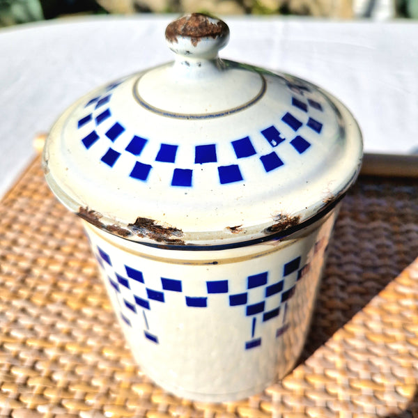 Ancien pot à épices en tôle émaillée Sucre décor Lustucru