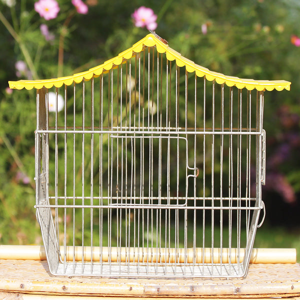 Petite cage à oiseaux vintage en métal et toit en plastique jaune