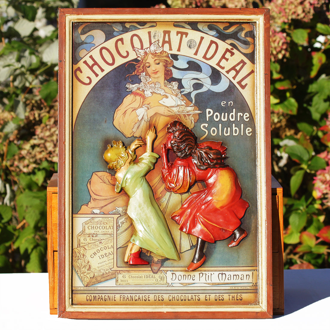 Tableau en bois publicitaire vintage Chocolat Idéal Mucha