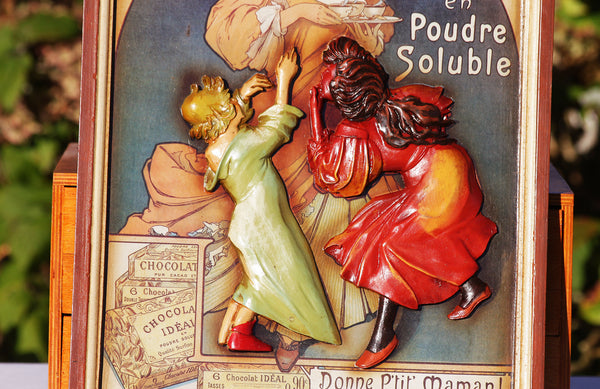 Tableau en bois publicitaire vintage Chocolat Idéal Mucha