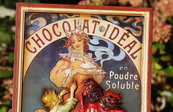 Tableau en bois publicitaire vintage Chocolat Idéal Mucha