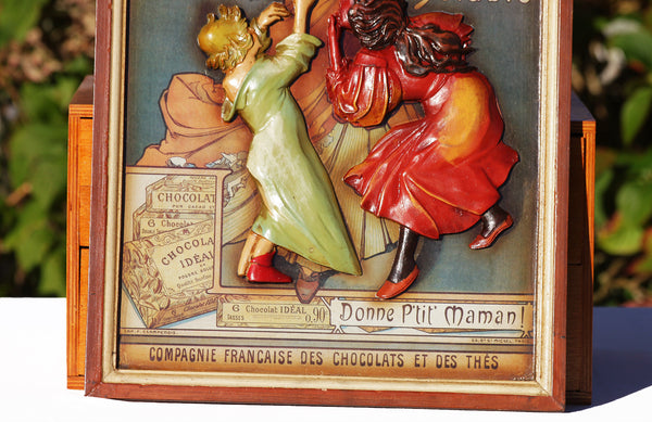 Tableau en bois publicitaire vintage Chocolat Idéal Mucha