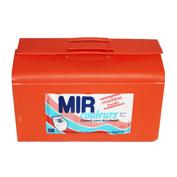 Baril de lessive publicitaire vintage vide Mir Couleurs en plastique orange