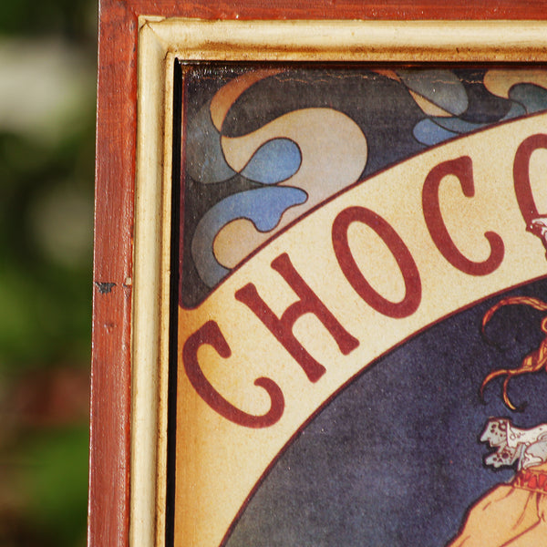 Tableau en bois publicitaire vintage Chocolat Idéal Mucha