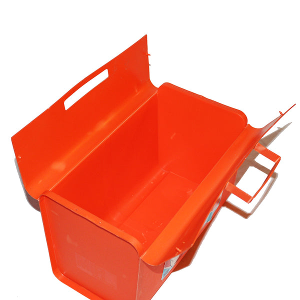 Baril de lessive publicitaire vintage vide Mir Couleurs en plastique orange