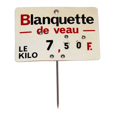 Étiquette de boucherie vintage prix en francs Blanquette de Veau / le kilo