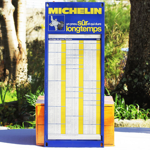 Panneau publicitaire Michelin vintage tableau de gonflage des pneus Tourisme de 1996