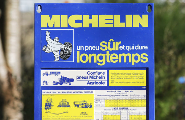 Panneau publicitaire Michelin vintage tableau de gonflage des pneus Agricole de 1984