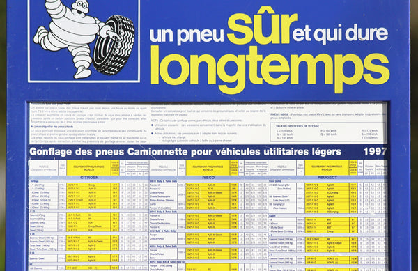 Panneau publicitaire Michelin vintage tableau de gonflage des pneus Camionnette de 1997