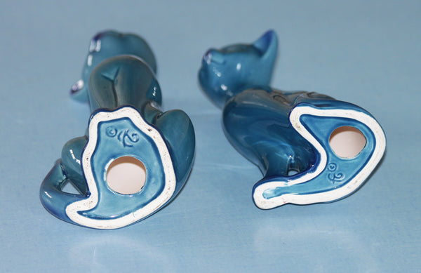 Paire de chats vintage en céramique japonaise bleue