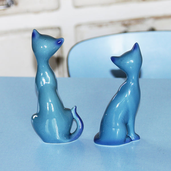Paire de chats vintage en céramique japonaise bleue