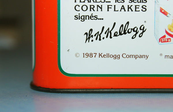 Boîte publicitaire vintage Kellogg's Corn Flakes en tôle lithographiée de 1987