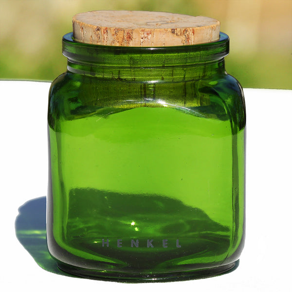 Petit pot carré vintage Henkel en verre vert avec bouchon en liège 500 ml