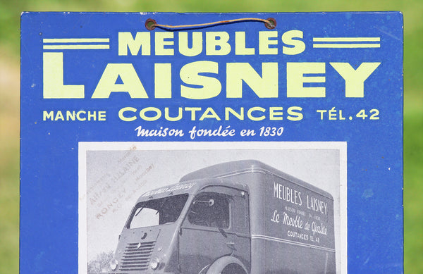 Ancien carton publicitaire porte courrier Meubles Laisney à Coutances ( Manche )