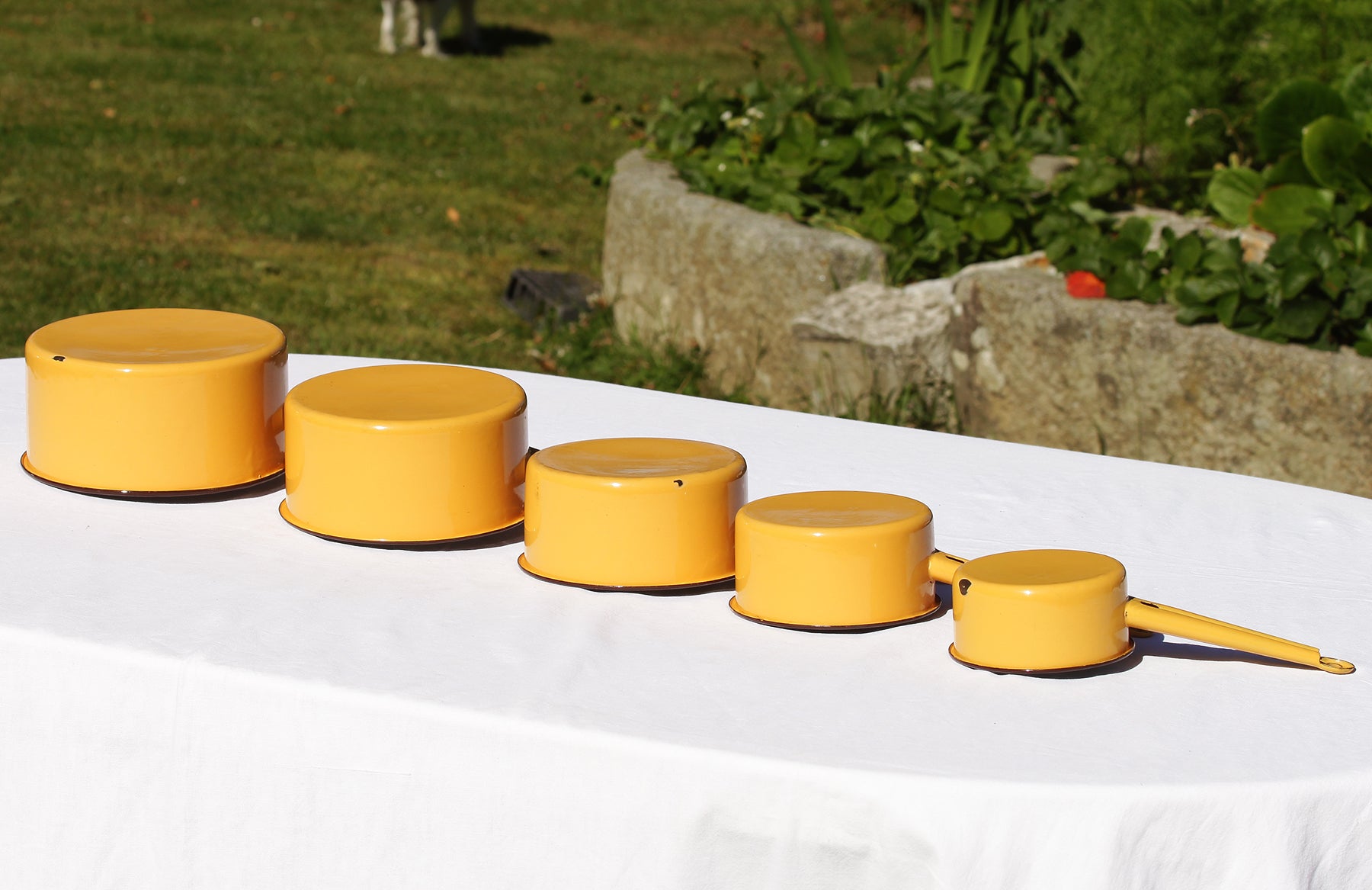 Lot De 5 Casseroles émaillées Vintage - Bleu, Jaune, Vert - Tôle - Occasion