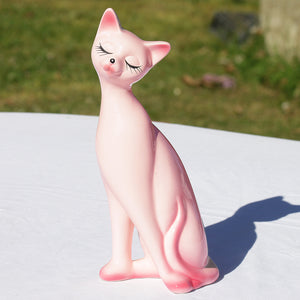 Grande statuette de chat vintage en céramique japonaise rose signée