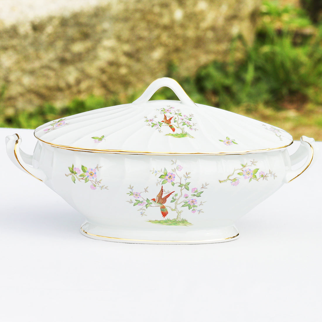 Ancienne soupière en porcelaine fine de Sologne Lamotte décor oiseau