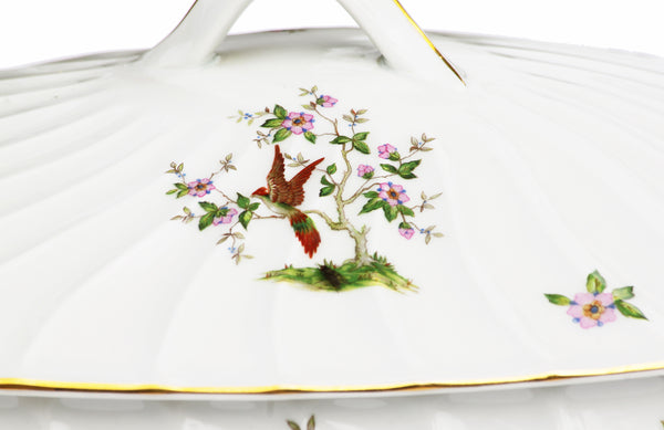 Ancienne soupière en porcelaine fine de Sologne Lamotte décor oiseau