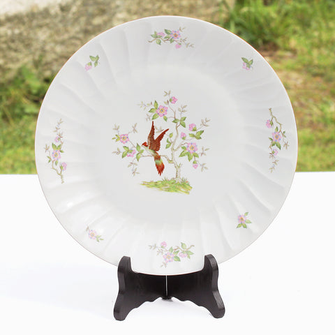 Ensemble de 6 assiettes plates anciennes en porcelaine fine de Sologne Lamotte décor oiseau