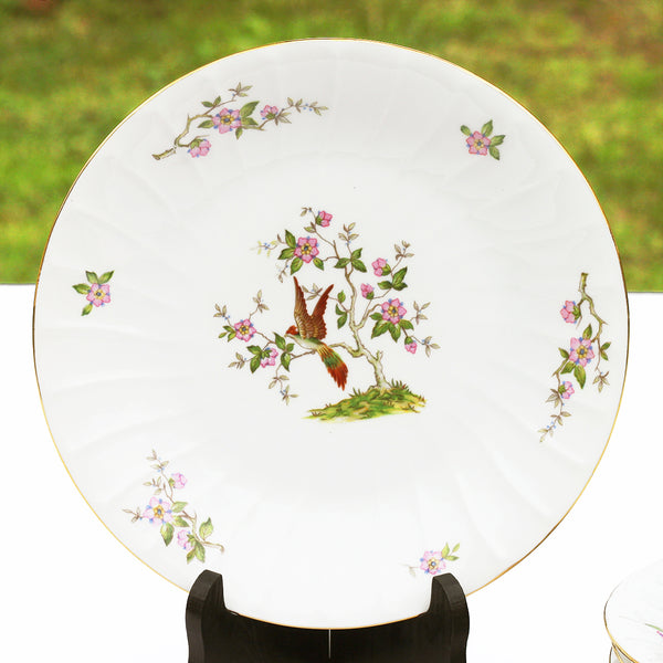 Ensemble de 6 assiettes plates anciennes en porcelaine fine de Sologne Lamotte décor oiseau