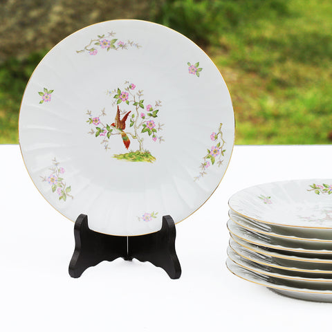 Ensemble de 8 assiettes plates anciennes en porcelaine fine de Sologne Lamotte décor oiseau