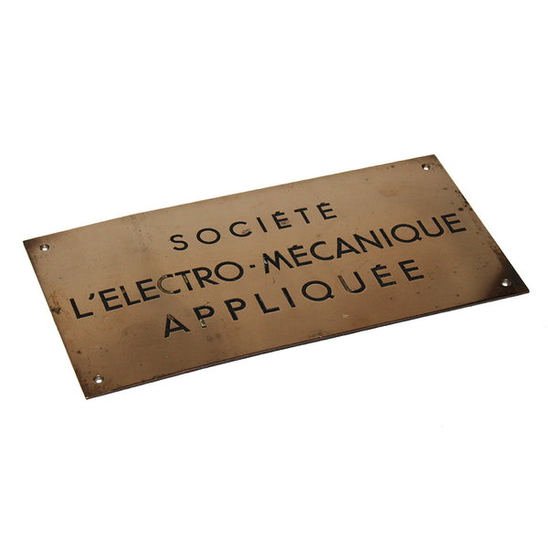 Ancienne plaque de métier en laiton Société L'Electro-Mécanique Appliquée