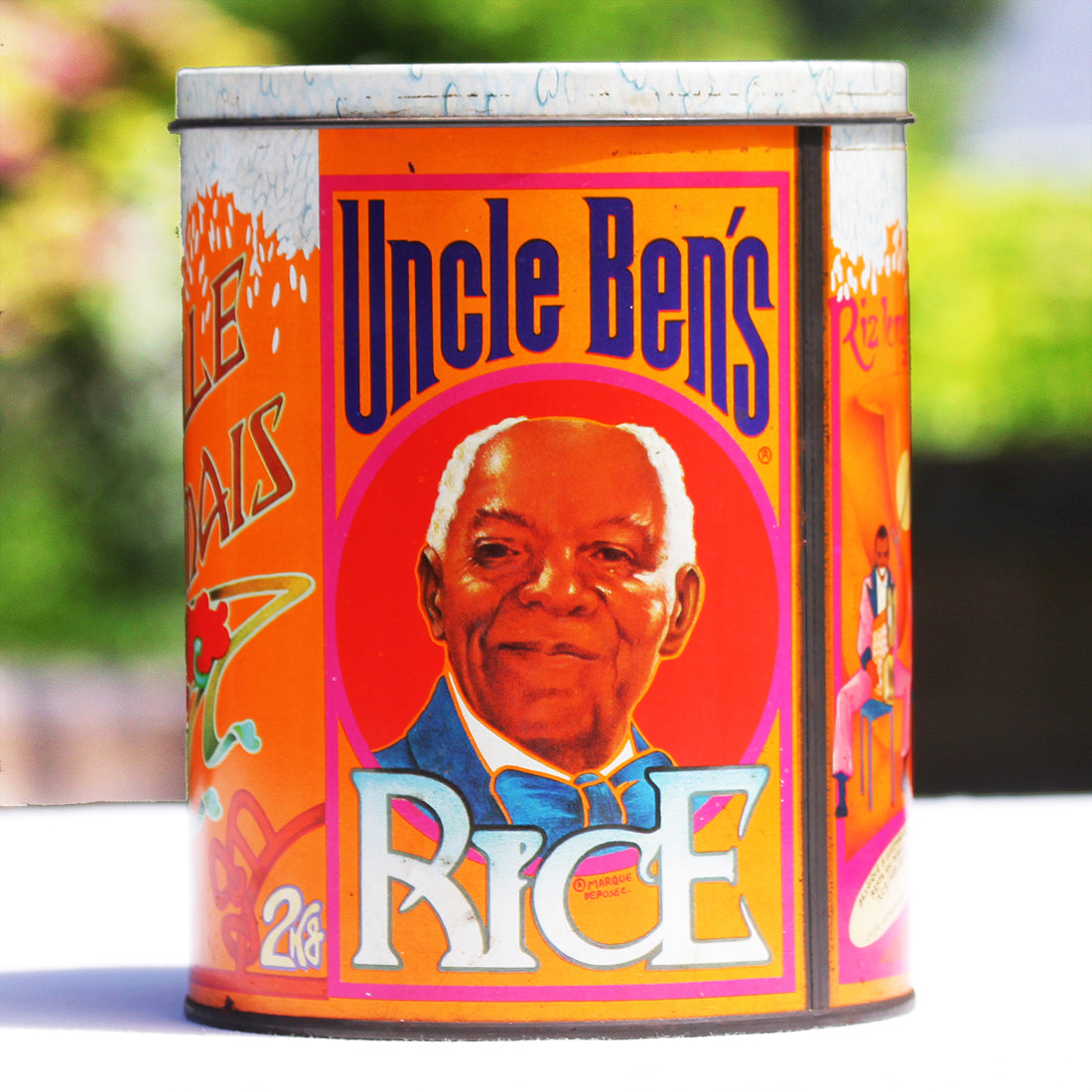 Grande boîte publicitaire 2 kg en tôle vintage pour le riz Uncle Ben's vide