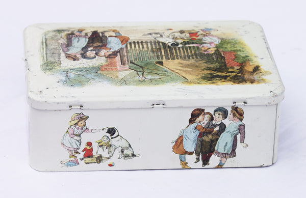 Boîte à biscuits en tôle vintage Massilly décor d'enfants d'avant