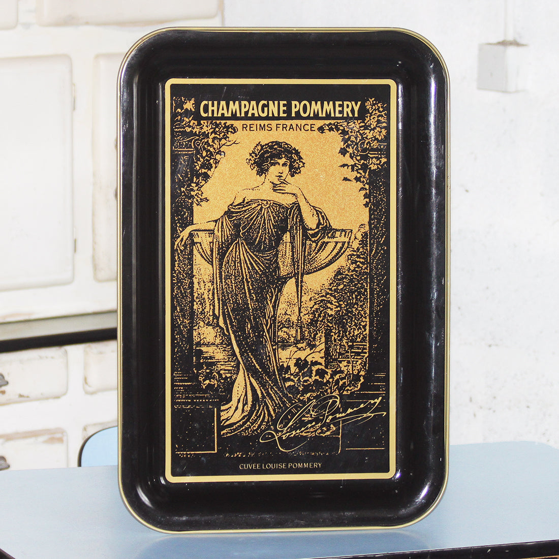 Grand plateau publicitaire vintage en tôle Champagne Pommery Reims France