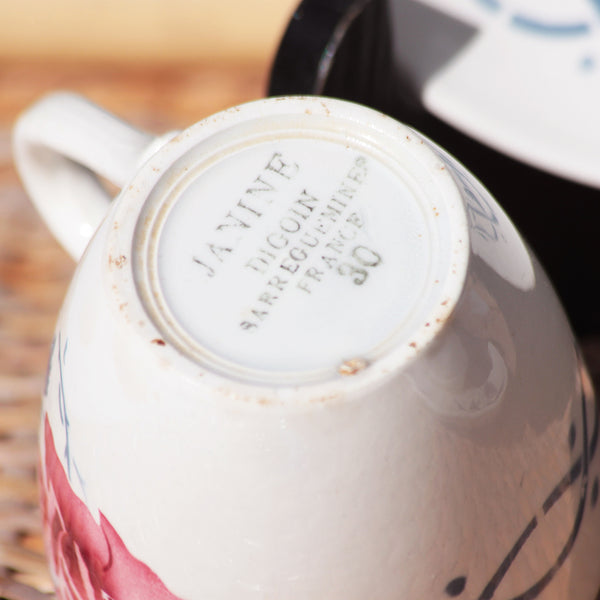 Duo de tasses à café anciennes + soucoupes en faïence de Digoin Sarreguemines modèle Janine