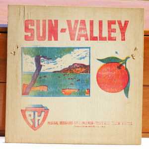 Ancien panneau en bois publicitaire pour les oranges Sun-Valley d'Espagne