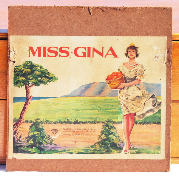 Ancien panneau en bois publicitaire pour les oranges Miss-Gina d'Espagne