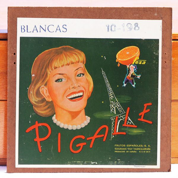 Ancien panneau en bois publicitaire pour les oranges Pigalle d'Espagne