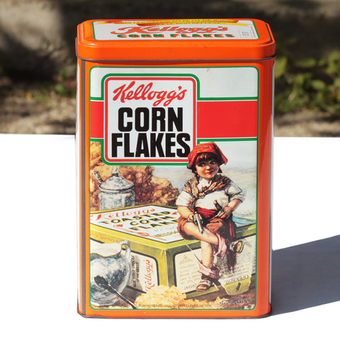 Boîte publicitaire vintage Kellogg's Corn Flakes en tôle lithographiée de 1987