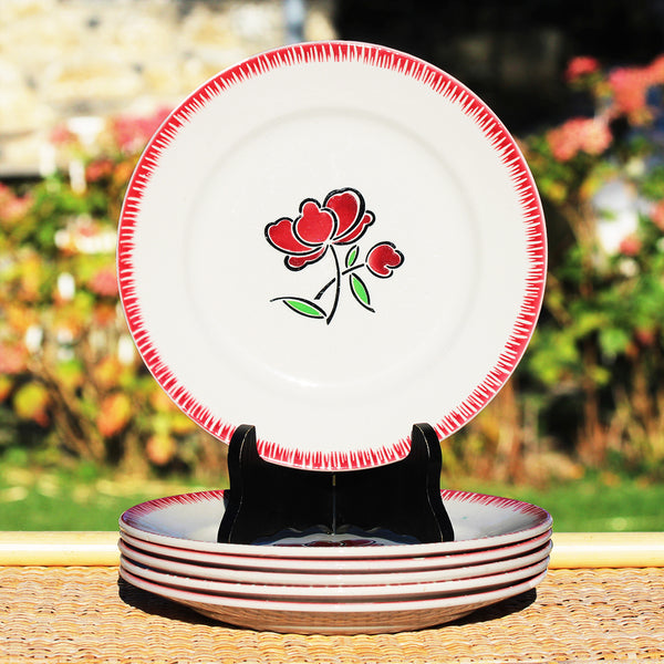 Ensemble de 6 assiettes plates anciennes 23 cm en porcelaine opaque de Badonviller modèle fleur