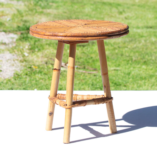 Petit tabouret vintage en rotin / bambou vernis