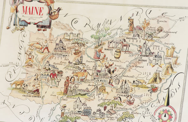 Carte régionale de France (Maine) illustrée par Jacques Liozu (1951)