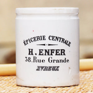 Ancien pot publicitaire à confiture Épicerie Centrale H. Enfer 38 rue Grande Evreux Creil et Montereau