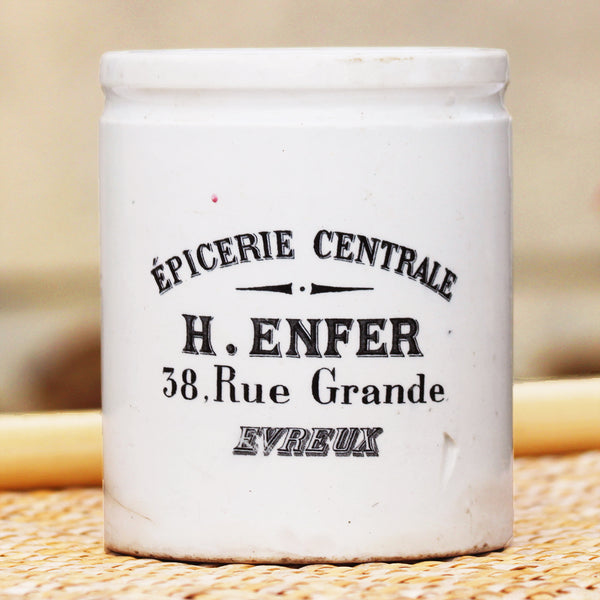 Ancien pot publicitaire à confiture Épicerie Centrale H. Enfer 38 rue Grande Evreux Creil et Montereau