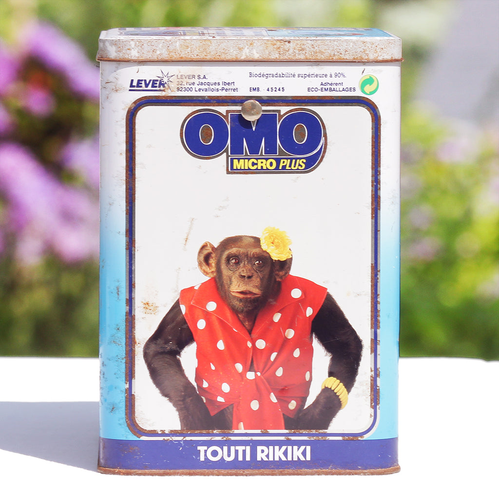Omo Micro Empty vintage advertising laundry barrel Omo Micro Plus Chimpanzees fr ...