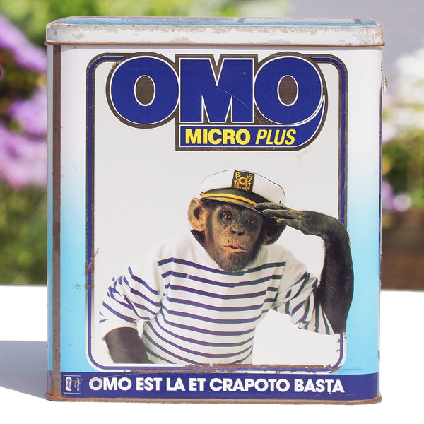 Baril de lessive publicitaire vintage vide Omo Micro Plus Chimpanzés de 1992