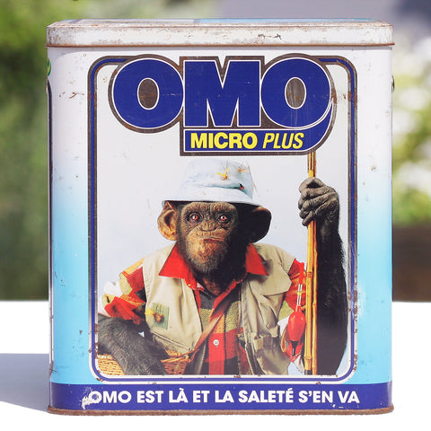 Baril de lessive publicitaire vintage vide Omo Micro Plus Chimpanzés de 1992