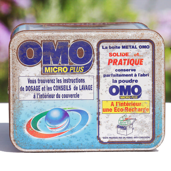 Baril de lessive publicitaire vintage vide Omo Micro Plus Chimpanzés de 1992