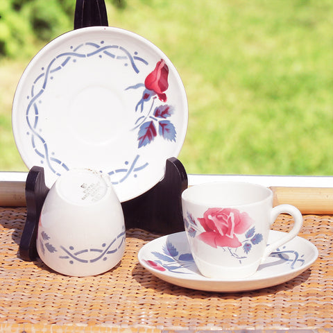 Duo de tasses à café anciennes + soucoupes en faïence de Digoin Sarreguemines modèle Janine