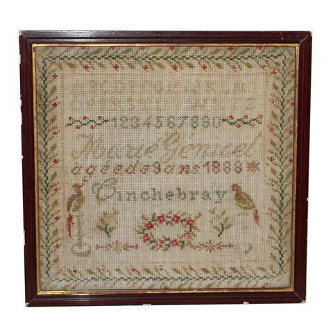 Ancienne broderie abécédaire par Marie Génicel en 1888 à Tinchebray