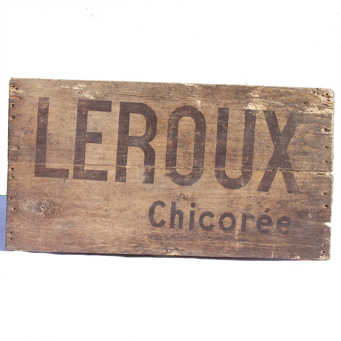 Ancien panneau publicitaire en bois de caisse Chicorée Leroux