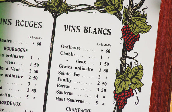 Grand cadre miroir sérigraphié vintage Carte des Vins
