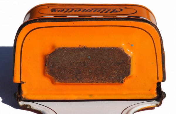 Ancienne boîte à allumettes en tôle émaillée orange à damiers signée B.B.