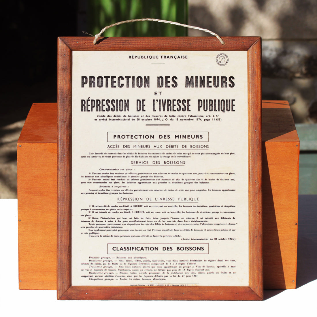 Panneau de bistrot vintage 1974 Protection des mineurs et répression de l'ivresse publique